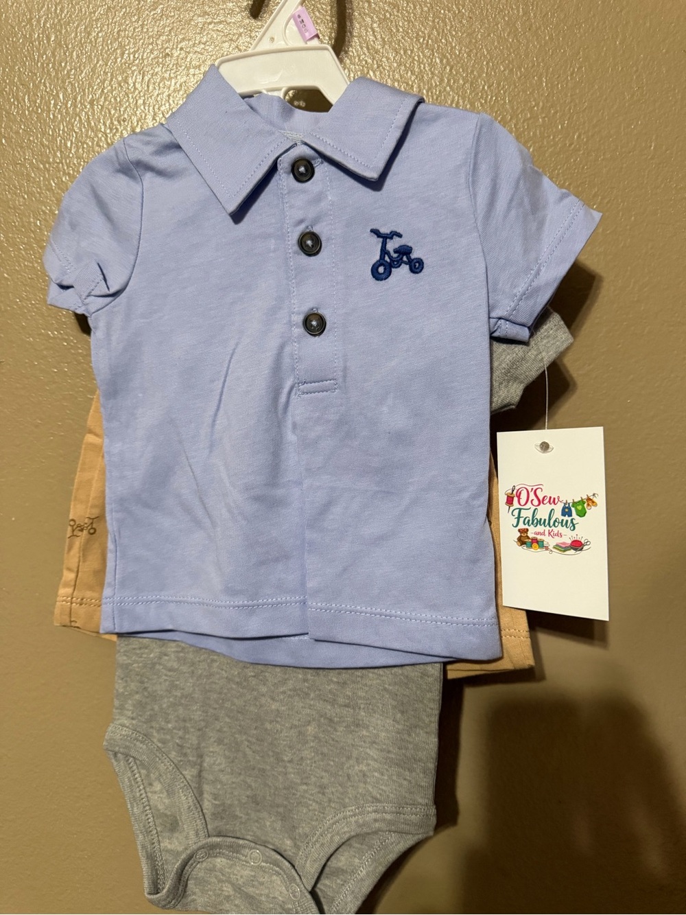 Baby Boy Bodysuit - Light Blue with Embroidered Tricycle